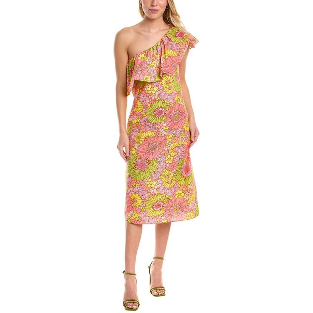 One-Shoulder Floral Midi Dress in Pink and Lime